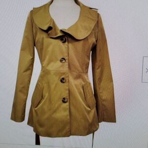 Sandro Bright Mustard Ruffle Belted Button Up Lined Trench Rain Jacket 2 Pockets